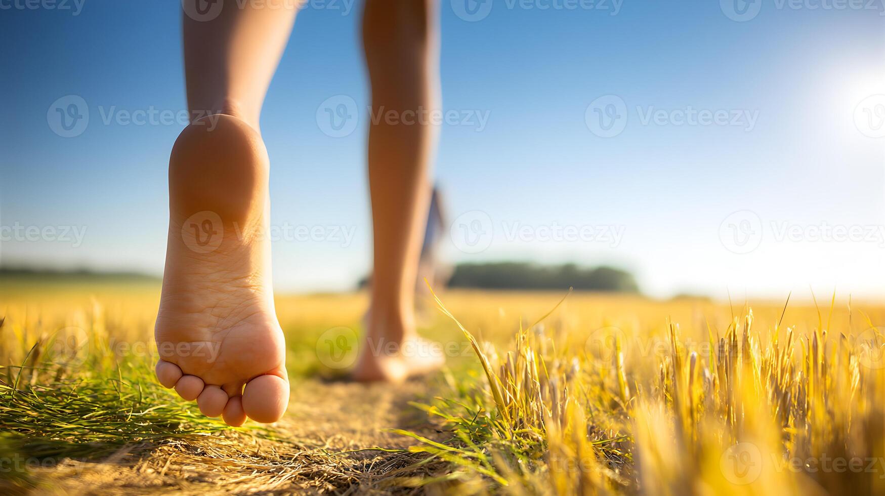 Child Barefoot Walking Summer Field Golden Grass photo