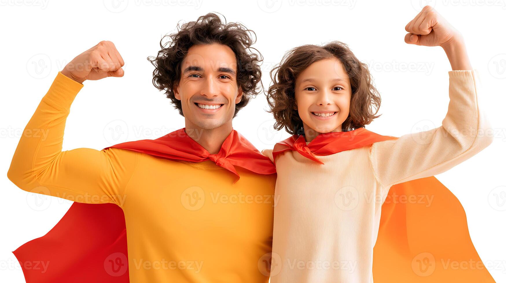 Happy Father and Daughter Superheroes Showing Strength photo