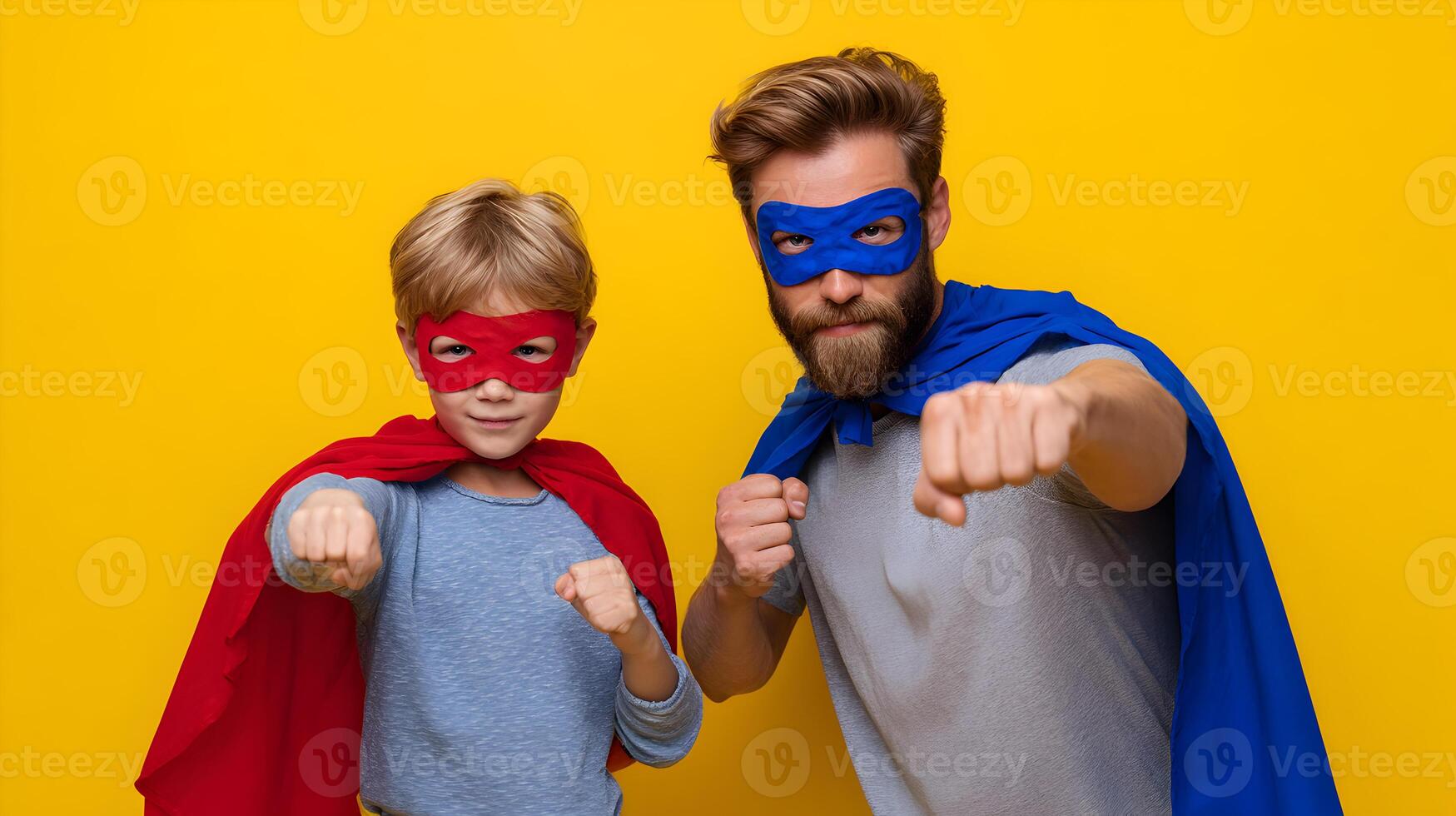 Superhero Dad and Son in Red and Blue Capes Posing on Yellow Background Fathers Day Family Fun photo