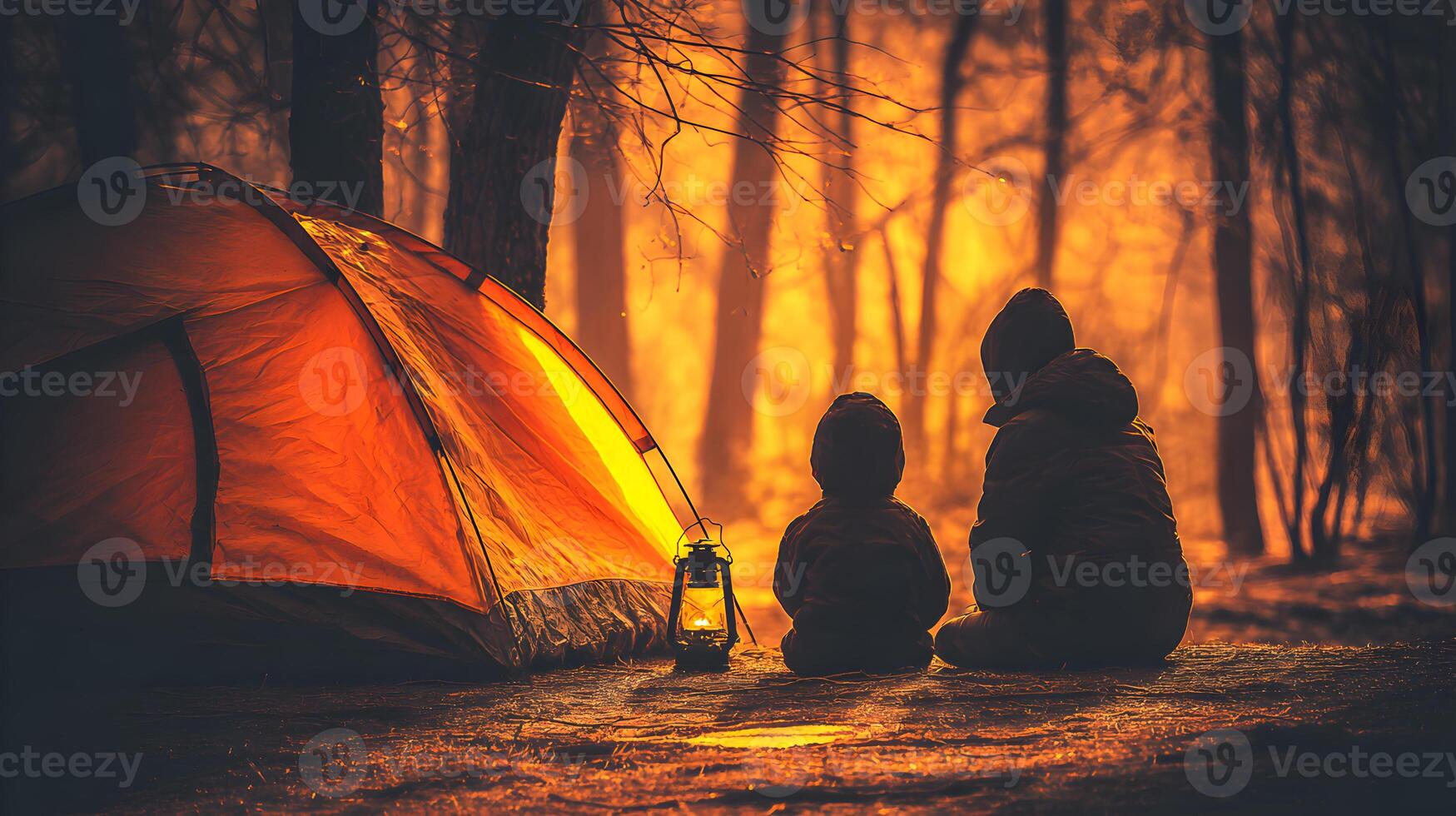 Silhouette of Parent and Child Camping at Sunset near Illuminated Tent photo