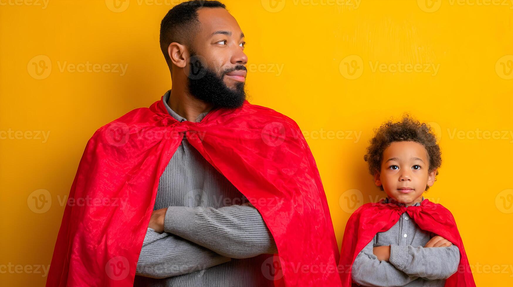 Black Father and Son Superheroes Red Capes Yellow Background photo