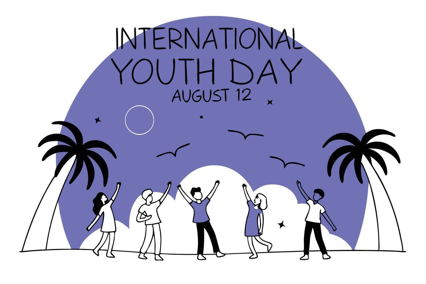 Silhouette artwork of a diverse group of people set against a vibrant sunset background vector