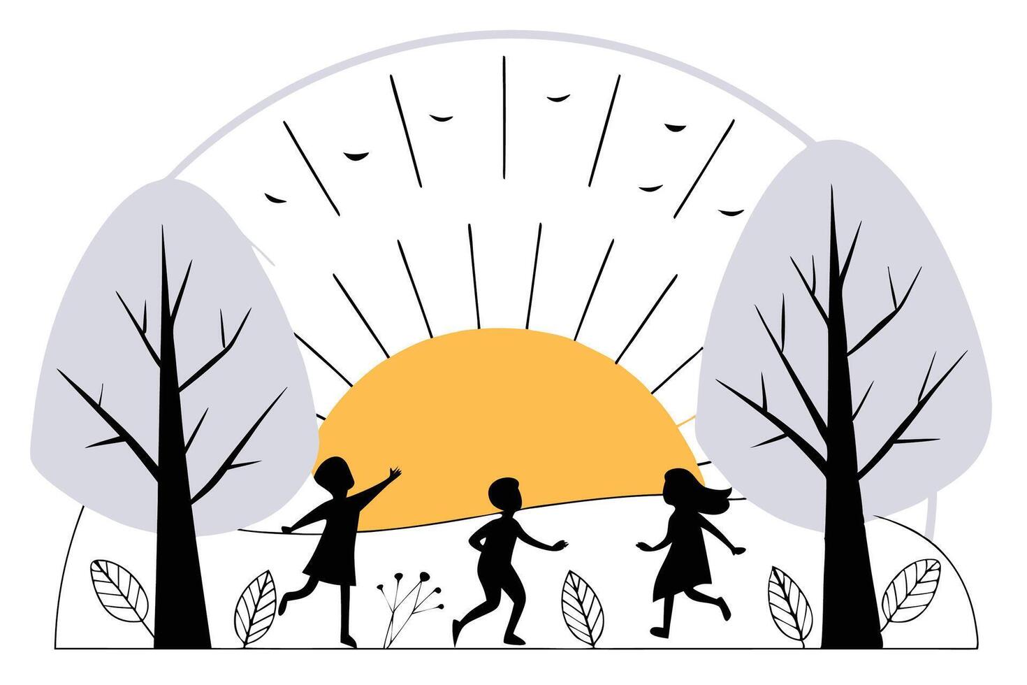 Silhouette artwork of children joyfully playing in a sunlit meadow a vibrant banner design for advertising vector