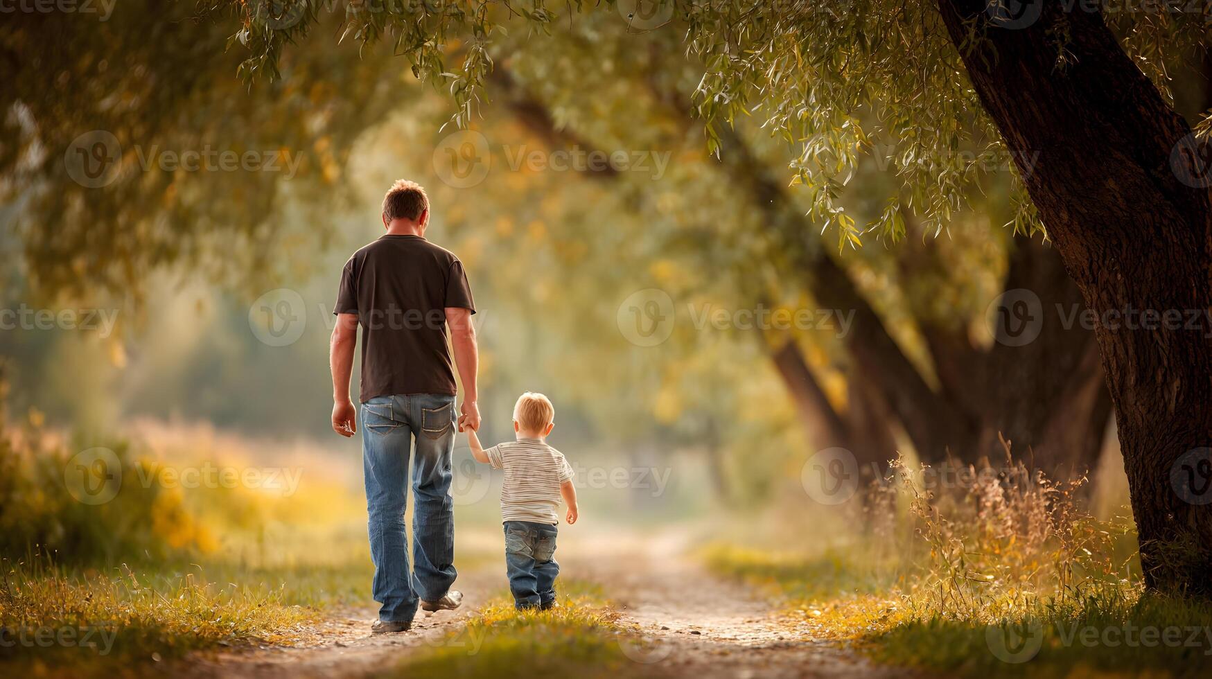 Father and Son Walking Hand in Hand on Autumn Path Tree Lined Lane photo