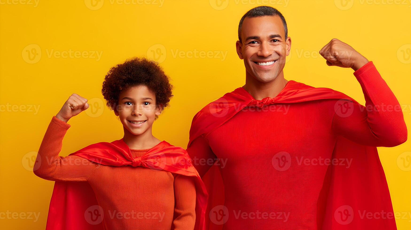 Happy Father and Son Superheroes in Red Capes Showing Muscles on Yellow Background photo