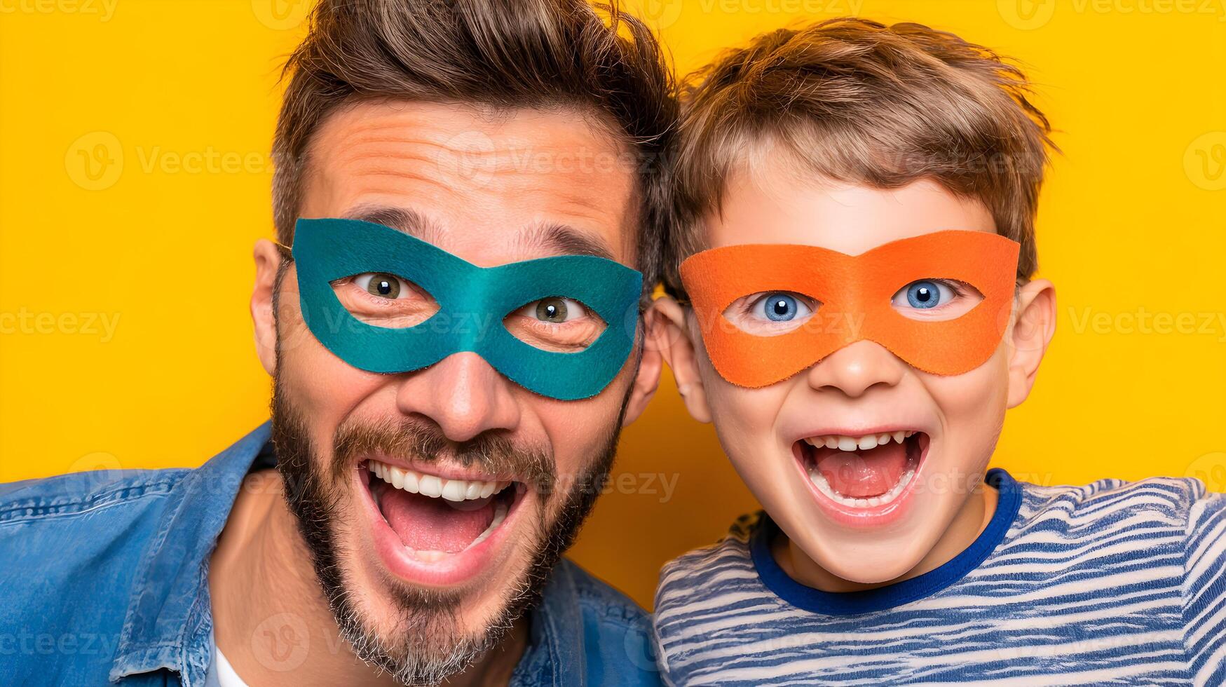Happy Father and Son Wearing Superhero Masks Together photo