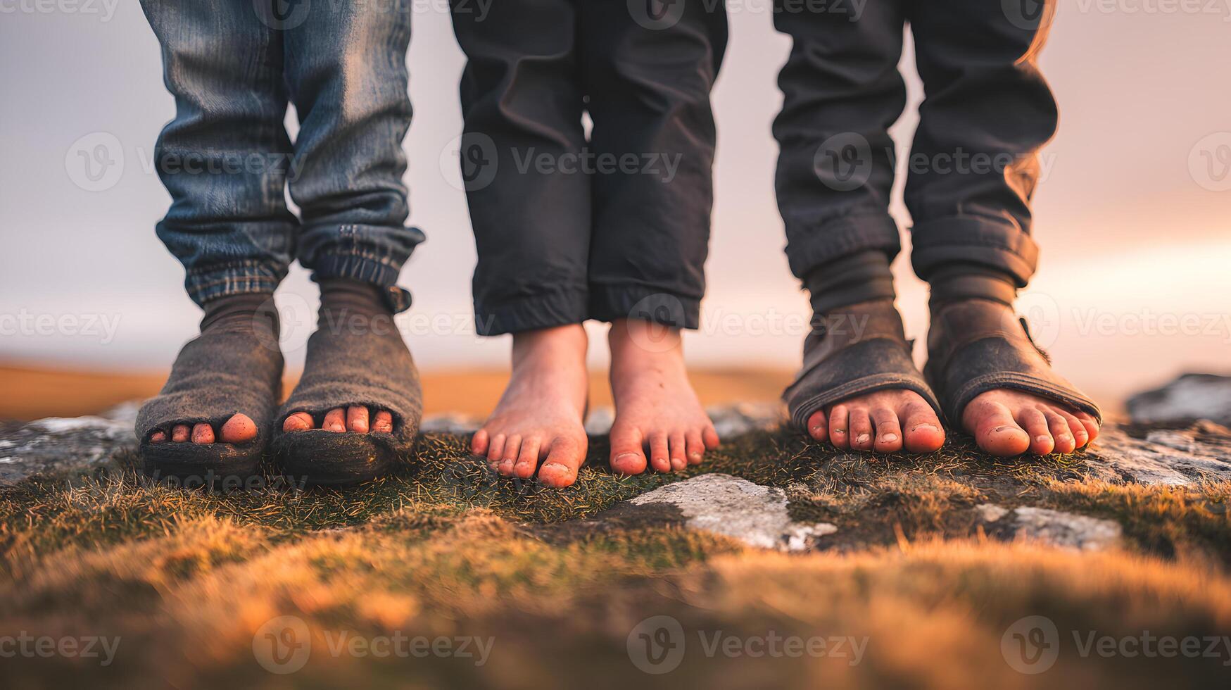 Three Pairs of Feet Barefoot and in Shoes on Grassy Rock at Sunset photo