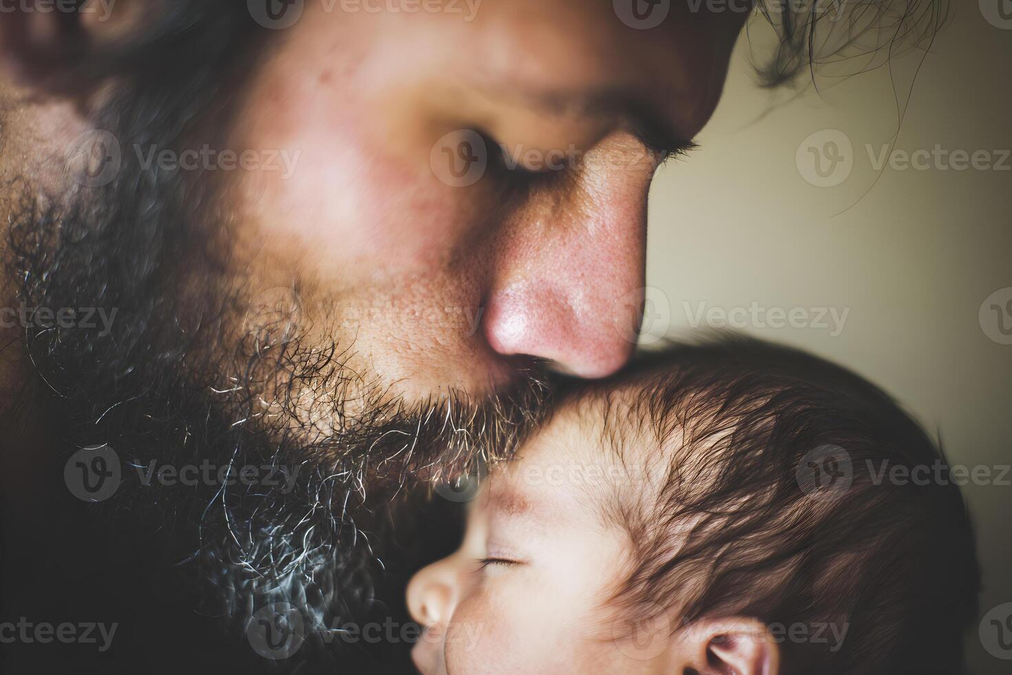Bearded Father Gently Kissing Sleeping Newborn Baby Forehead photo