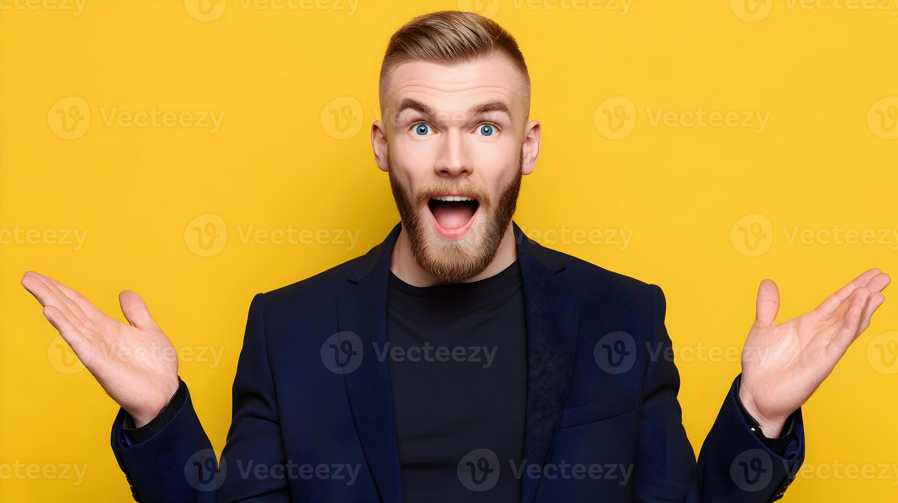 Surprised Man in Blue Blazer Yellow Background Open Hands photo