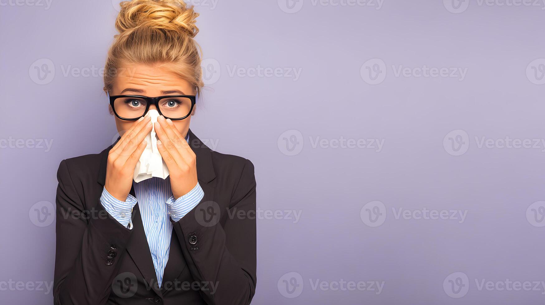 Businesswoman with Blonde Bun Wearing Glasses Blowing Nose with Tissue photo