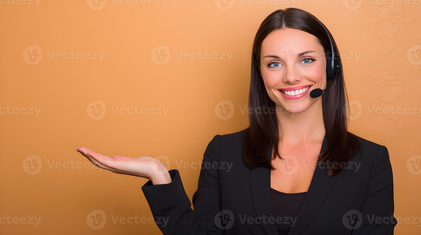 Smiling Customer Service Representative Wearing Headset Presenting Product Orange Background photo