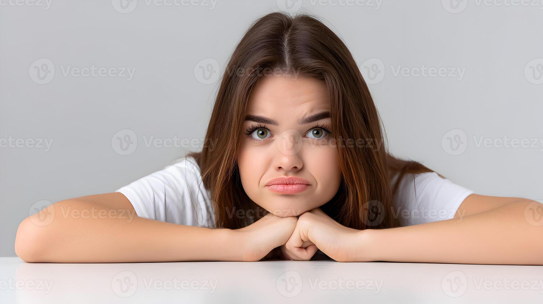 Sad Young Woman Resting Chin on Hands White TShirt Grey Background photo