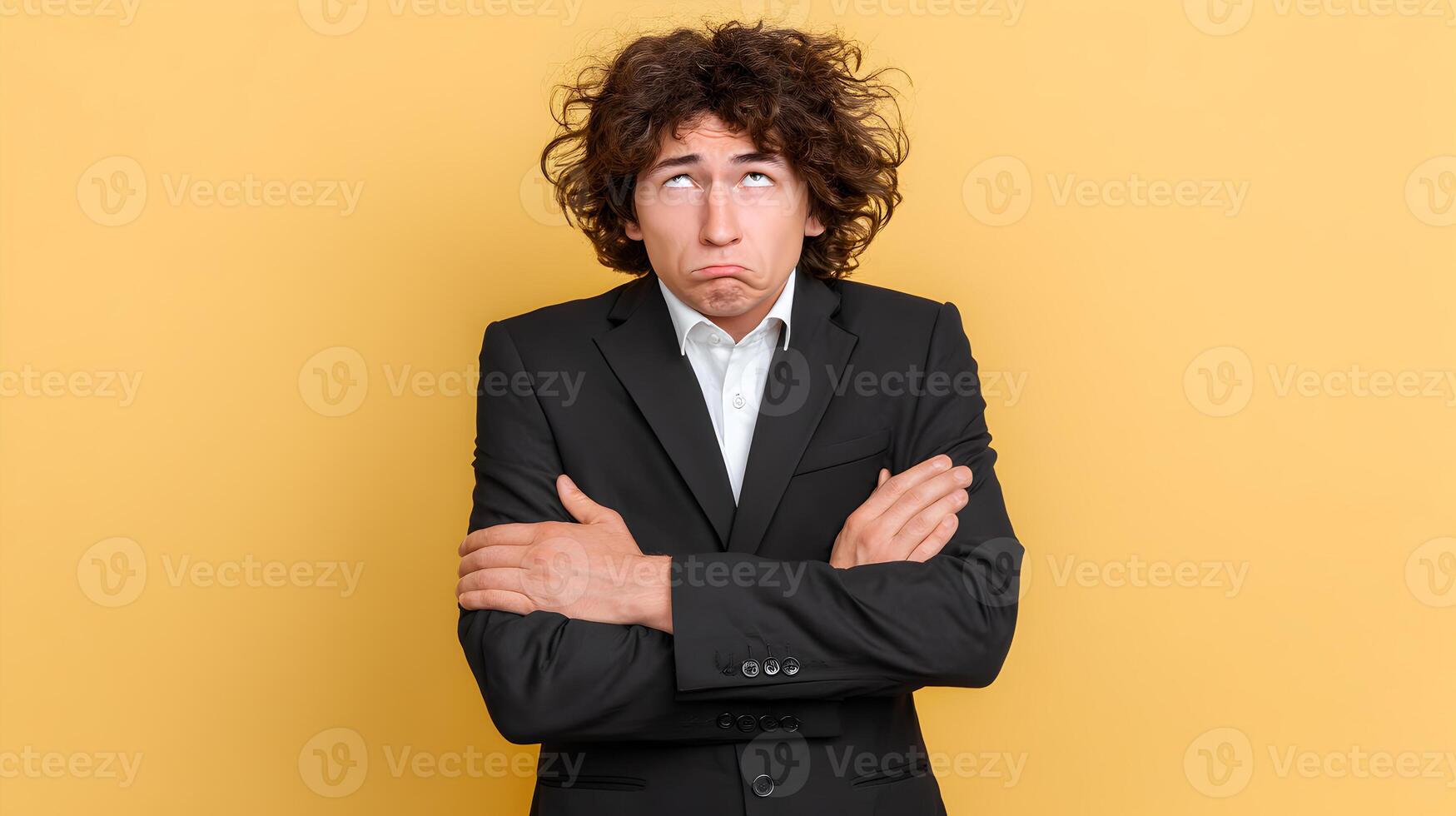 Young Man in Black Suit Looking Upward with Doubtful Expression Yellow Background photo