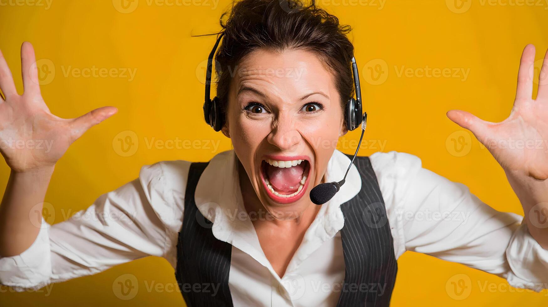 Angry Businesswoman Wearing Headset Shouting Yellow Background photo