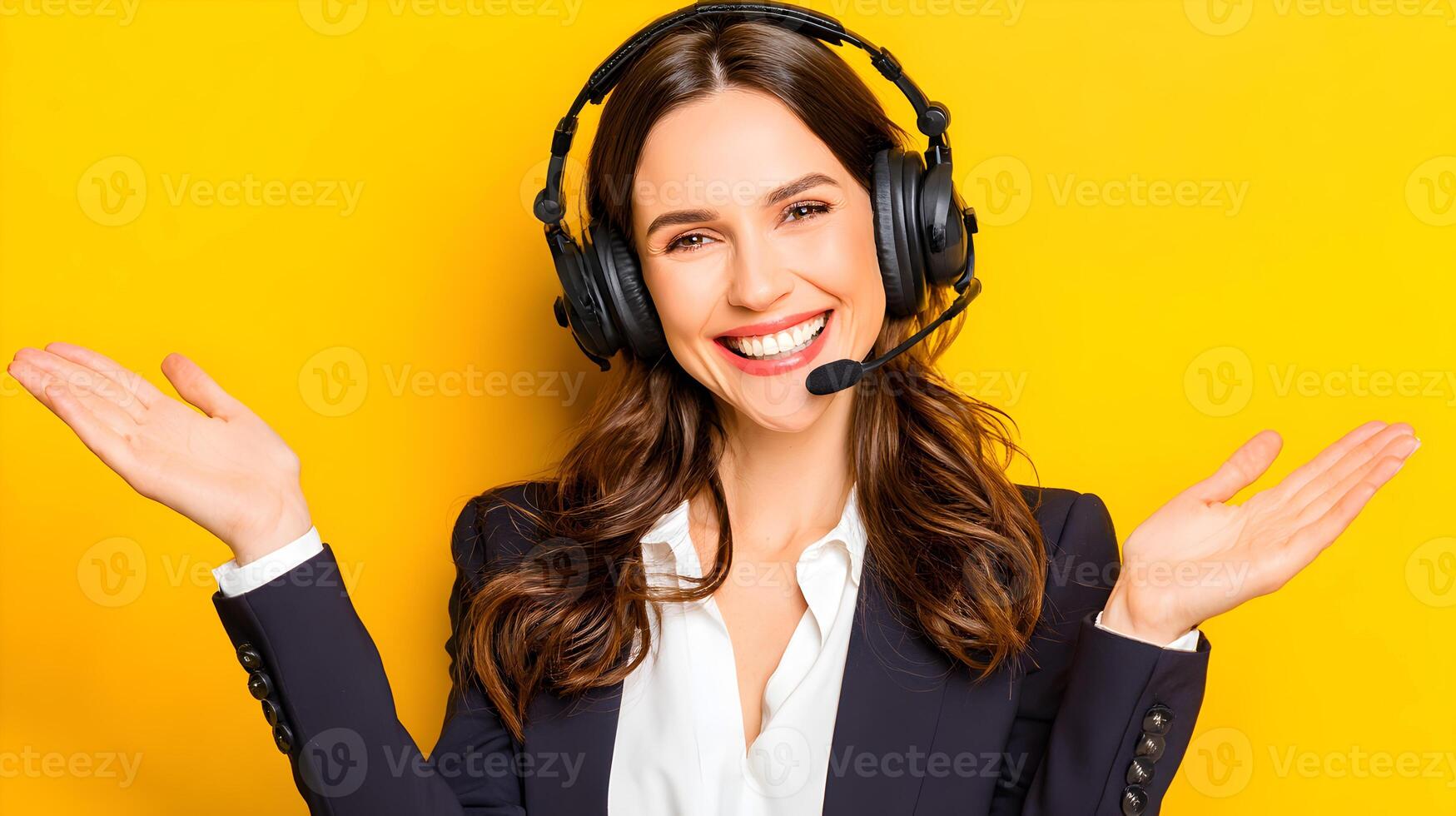 Happy Smiling Customer Support Agent Wearing Headset Gesturing with Open Palms Yellow Background photo