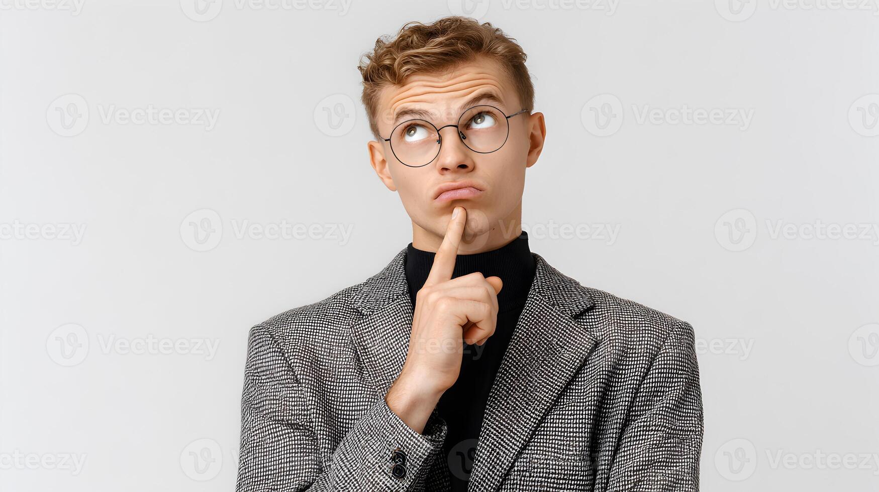Young Man in Grey Blazer and Black Turtleneck Thinking Contemplative Expression Round Glasses Studio Shot photo