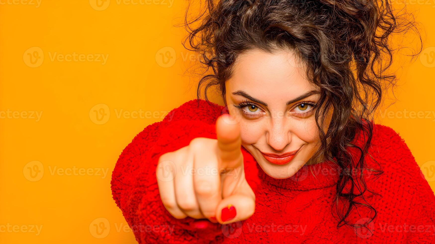 Woman in Red Sweater Pointing Finger at Camera Yellow Background photo