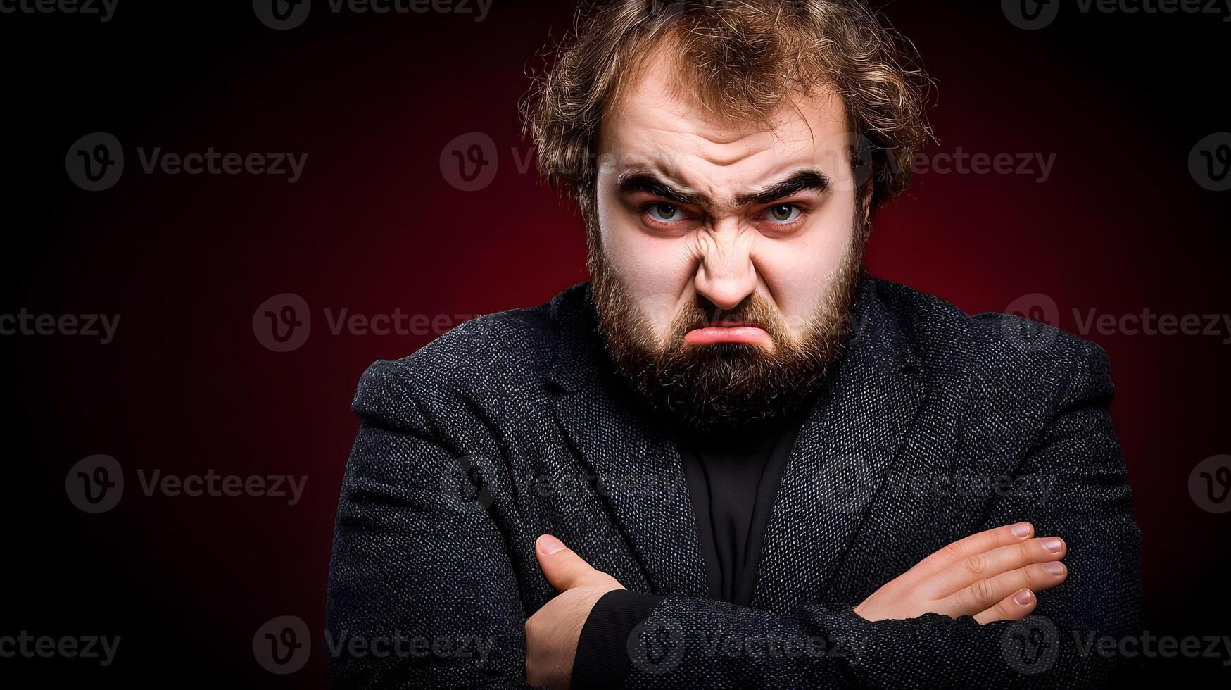 Angry Bearded Man in Black Jacket Studio Portrait photo