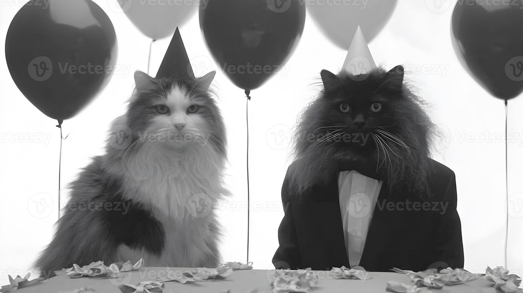 Two Cats in Party Hats at a Table with Balloons photo
