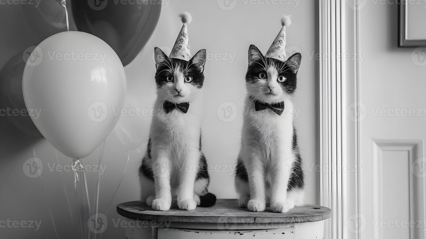 Two tuxedo cats wearing party hats and bow ties sitting on a table with balloons photo