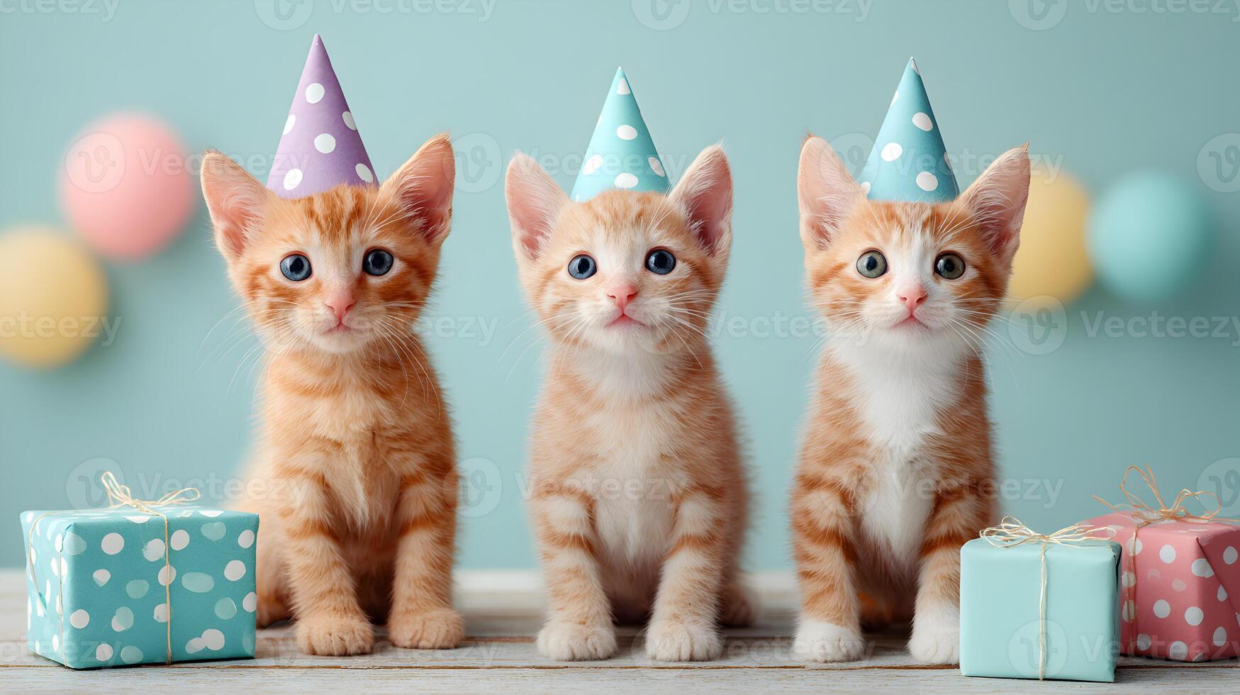 Three Cute Kittens Wearing Party Hats with Gifts photo