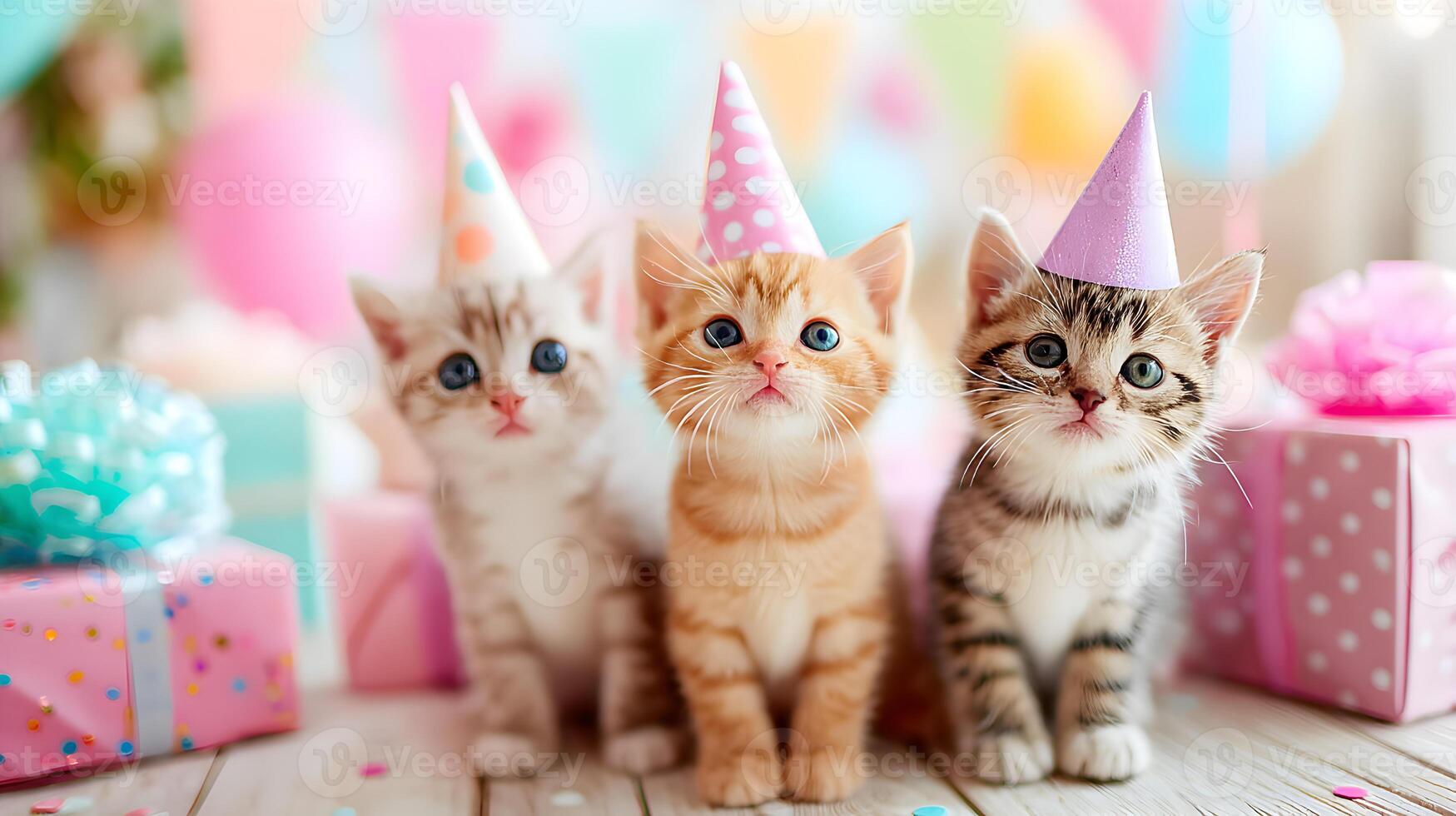 Three Cute Kittens Wearing Party Hats Near Gifts and Balloons photo