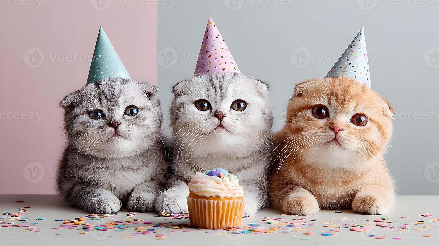Three Scottish Fold Kittens Wearing Party Hats with Cupcake and Confetti photo