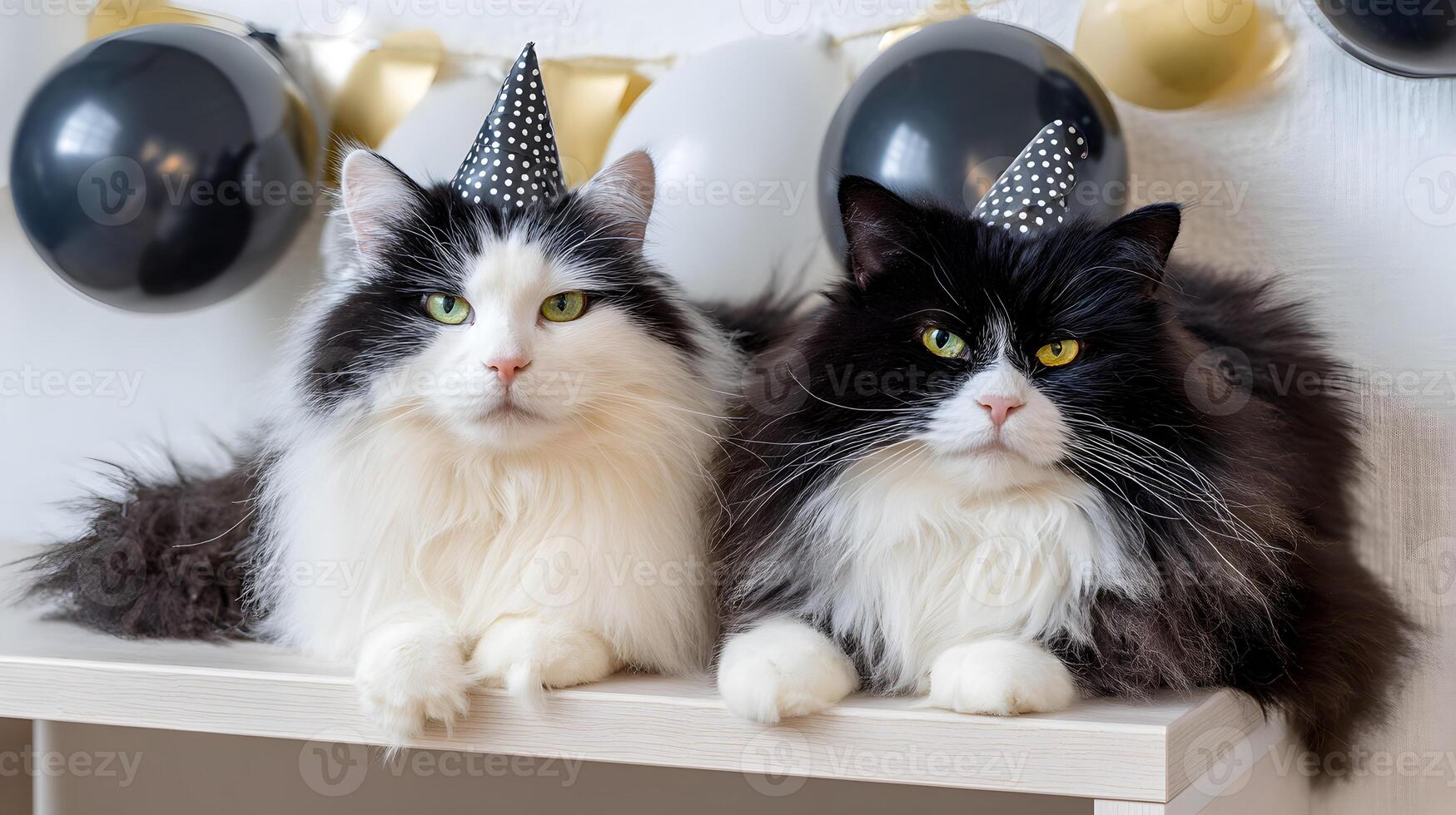 Two tuxedo cats wearing party hats sitting on a shelf with balloons photo