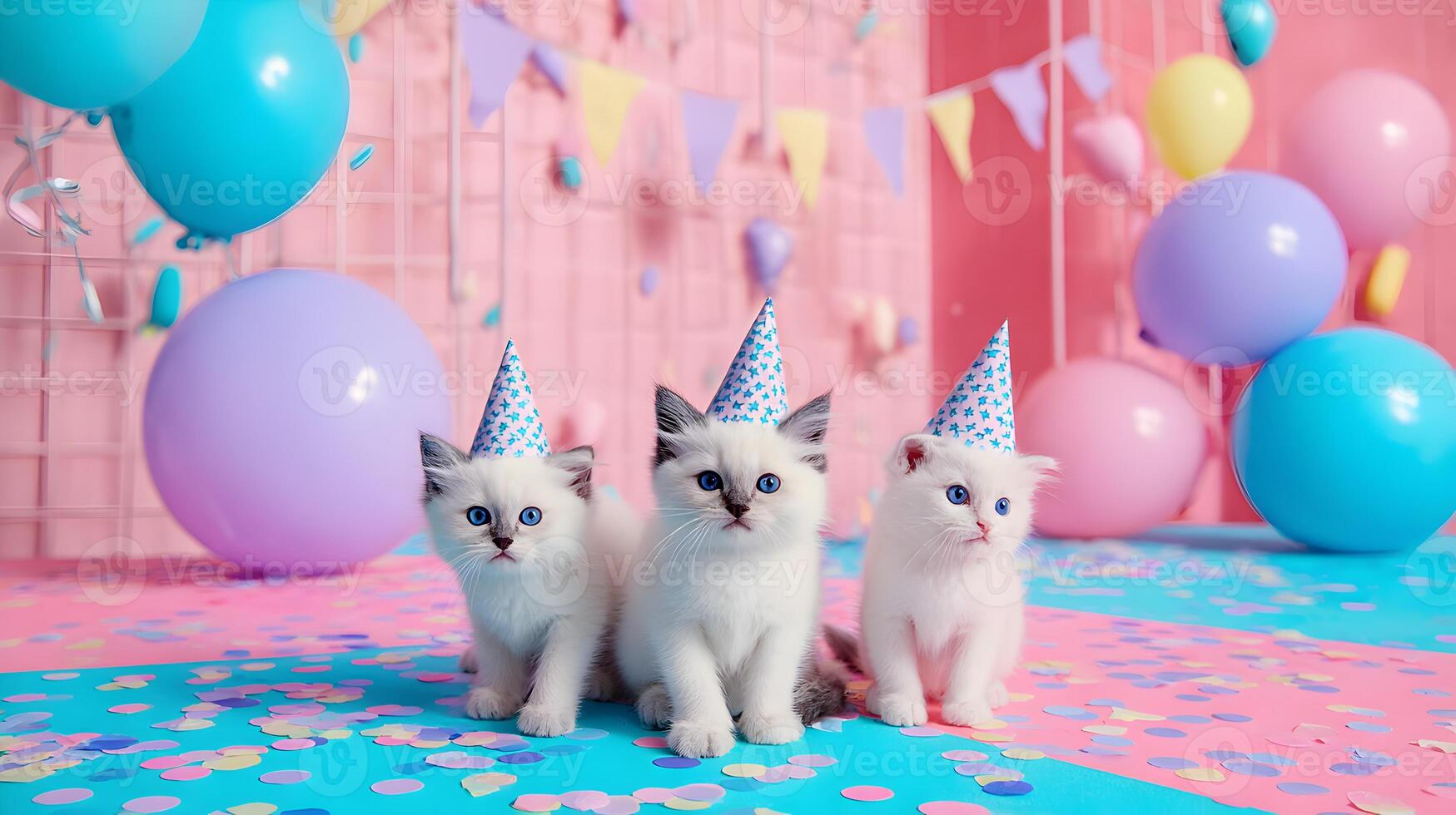 Three Ragdoll Kittens Birthday Party Hats Balloons Confetti Pink Blue photo