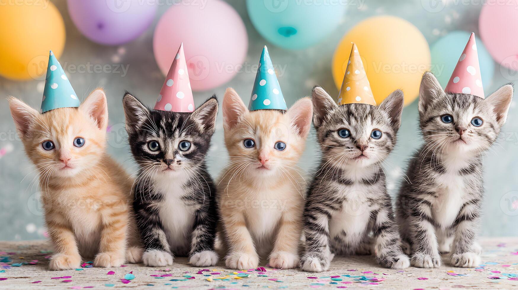 Four Cute Kittens Wearing Party Hats with Balloons and Confetti photo