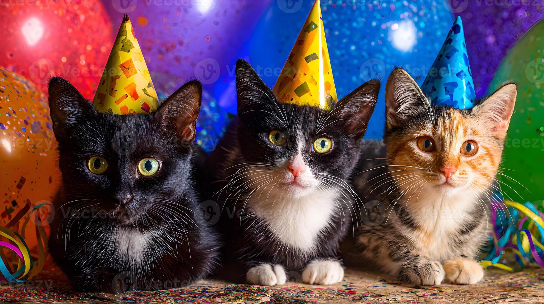 Three Kittens Wearing Party Hats with Balloons photo