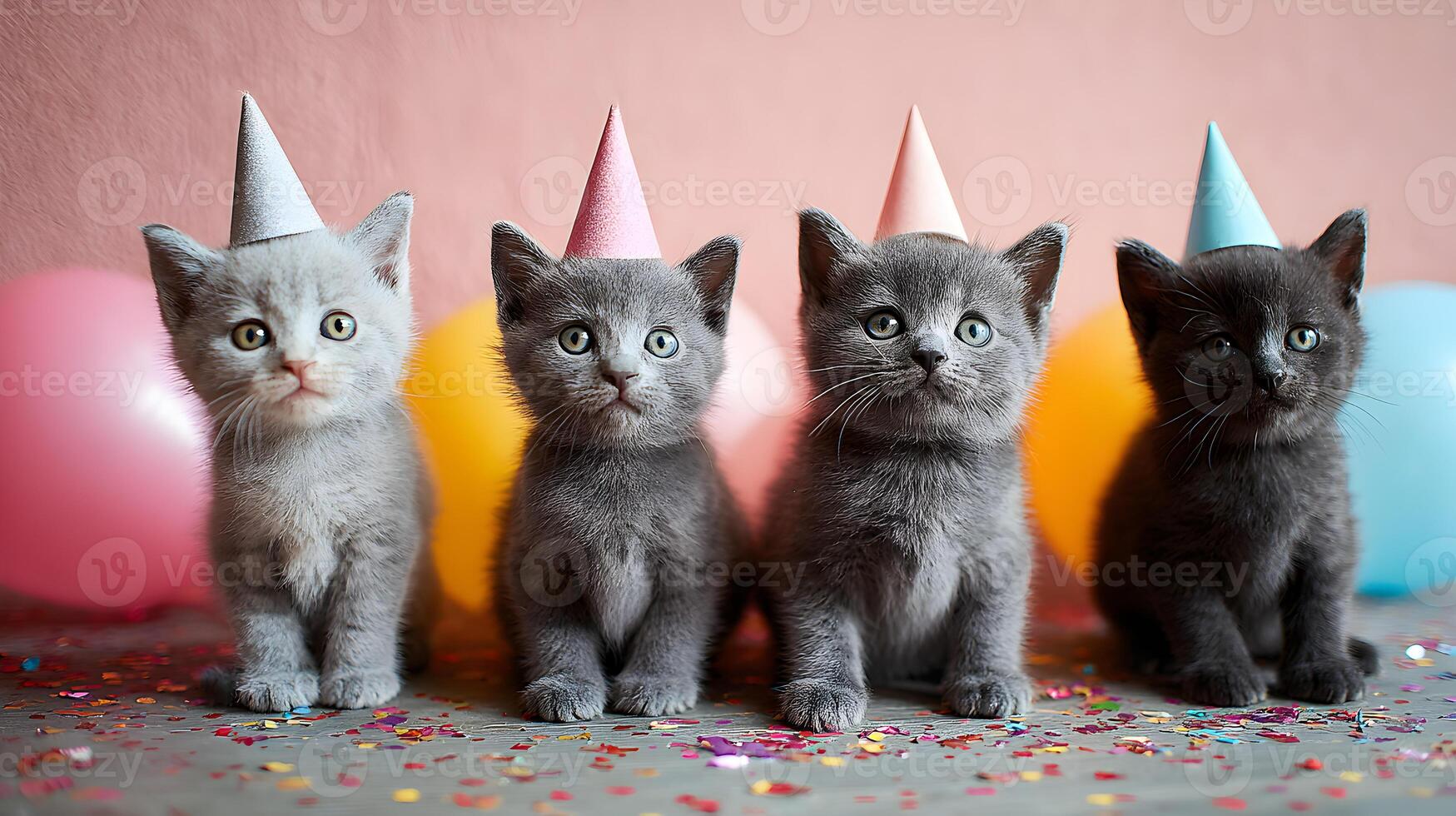 Four Kittens Wearing Party Hats Sitting on Confetti photo