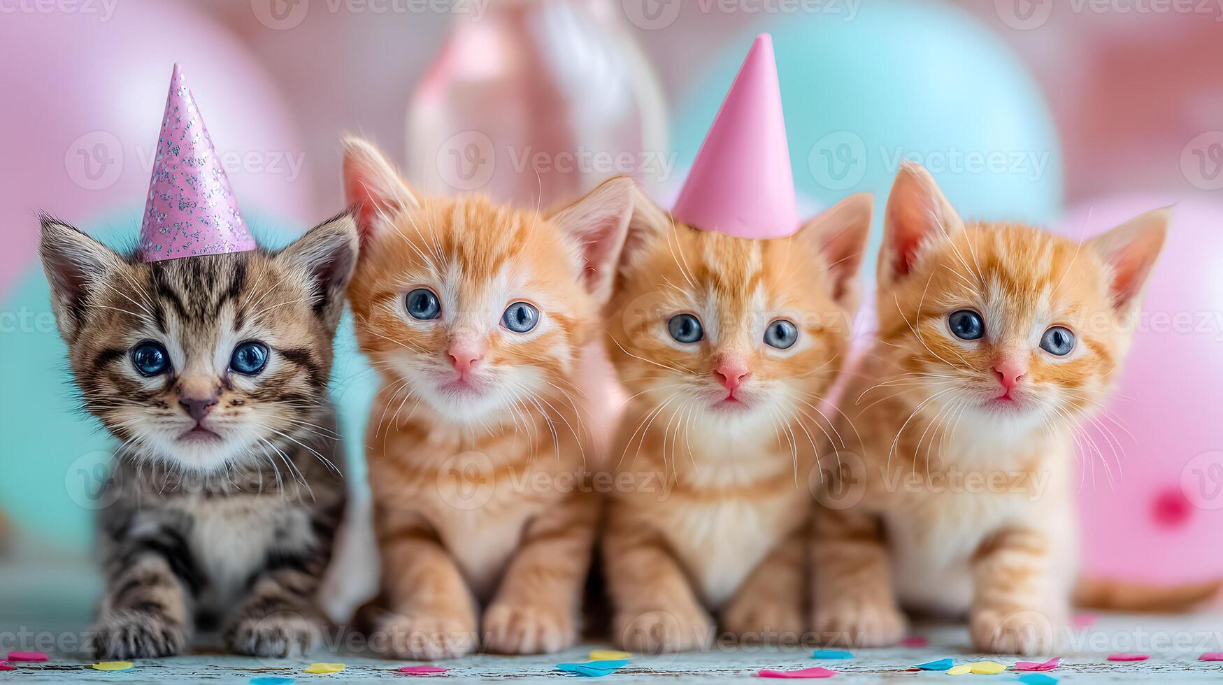 Four Cute Kittens Wearing Party Hats Birthday Celebration photo