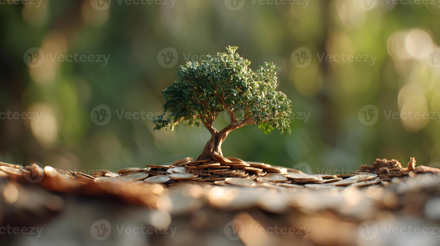 Small Tree Growing on Stack of Gold Coins Money Tree Investment Growth Concept photo