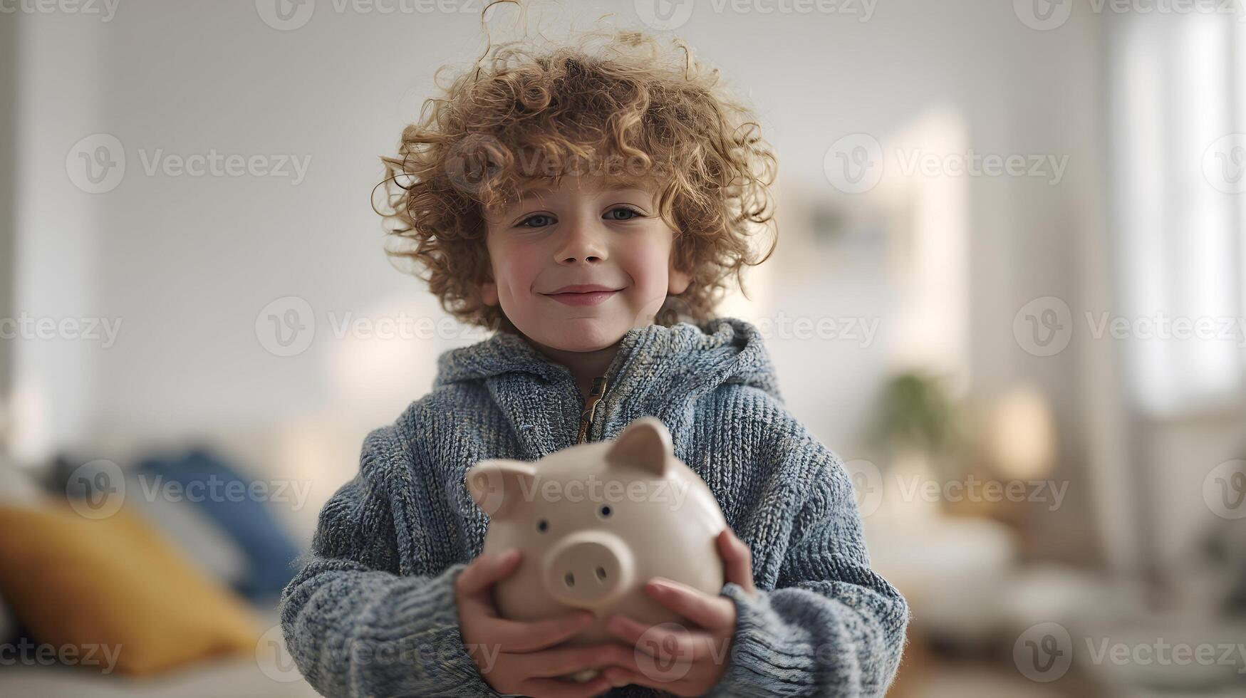 Happy Child Holding Piggy Bank Savings Money Childhood Finance photo