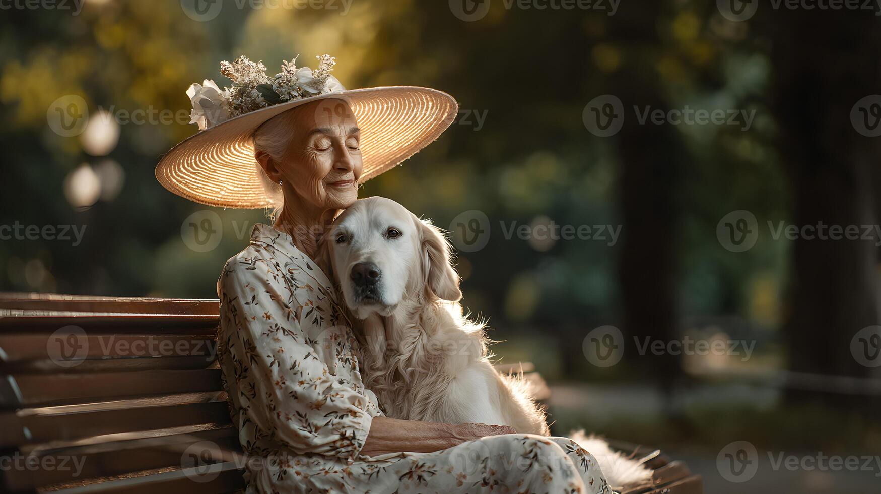 Elderly Woman in Straw Hat Embracing Golden Retriever Dog on Park Bench photo