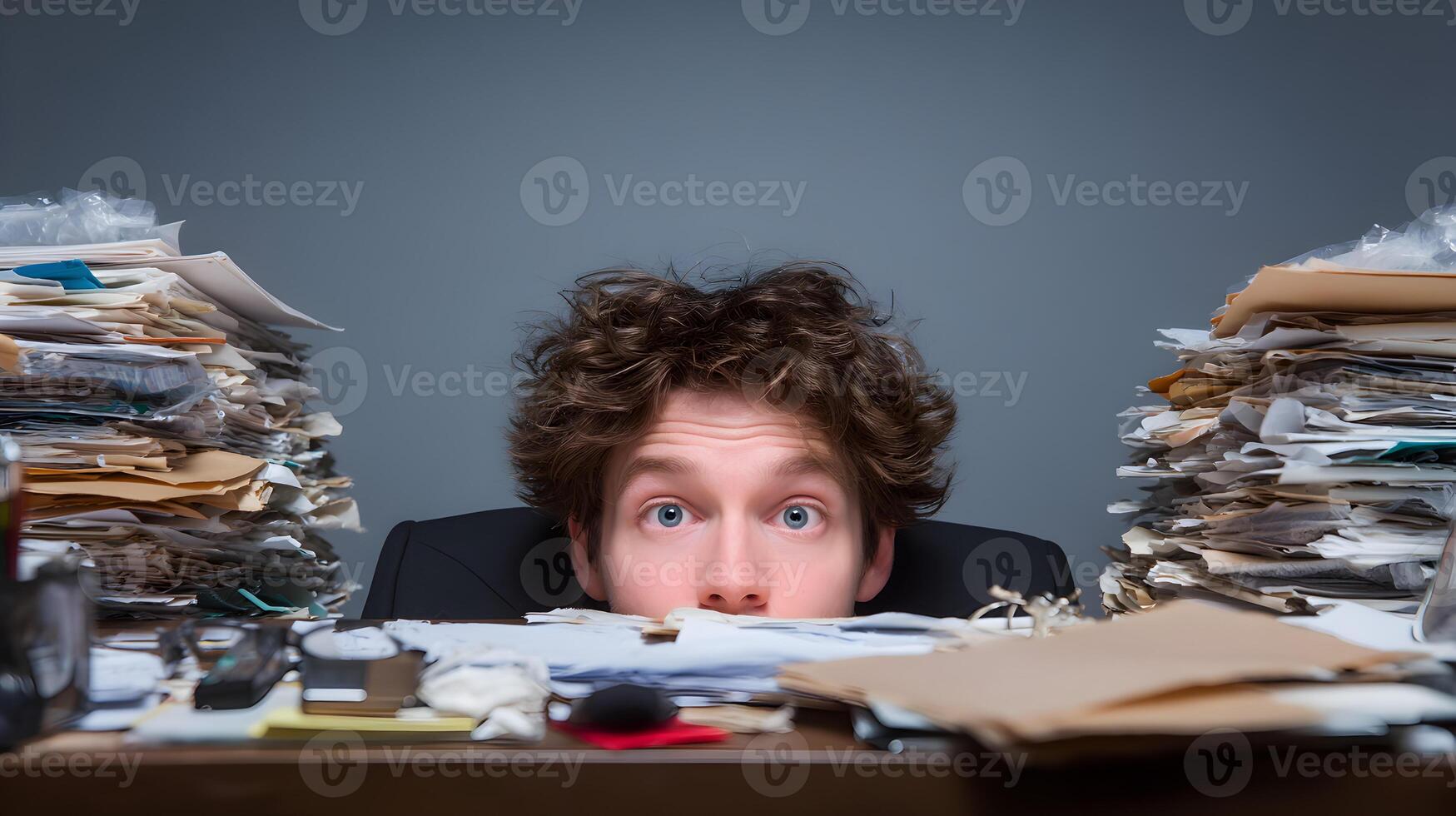 Man Overwhelmed by Paperwork at Desk Office Chaos photo