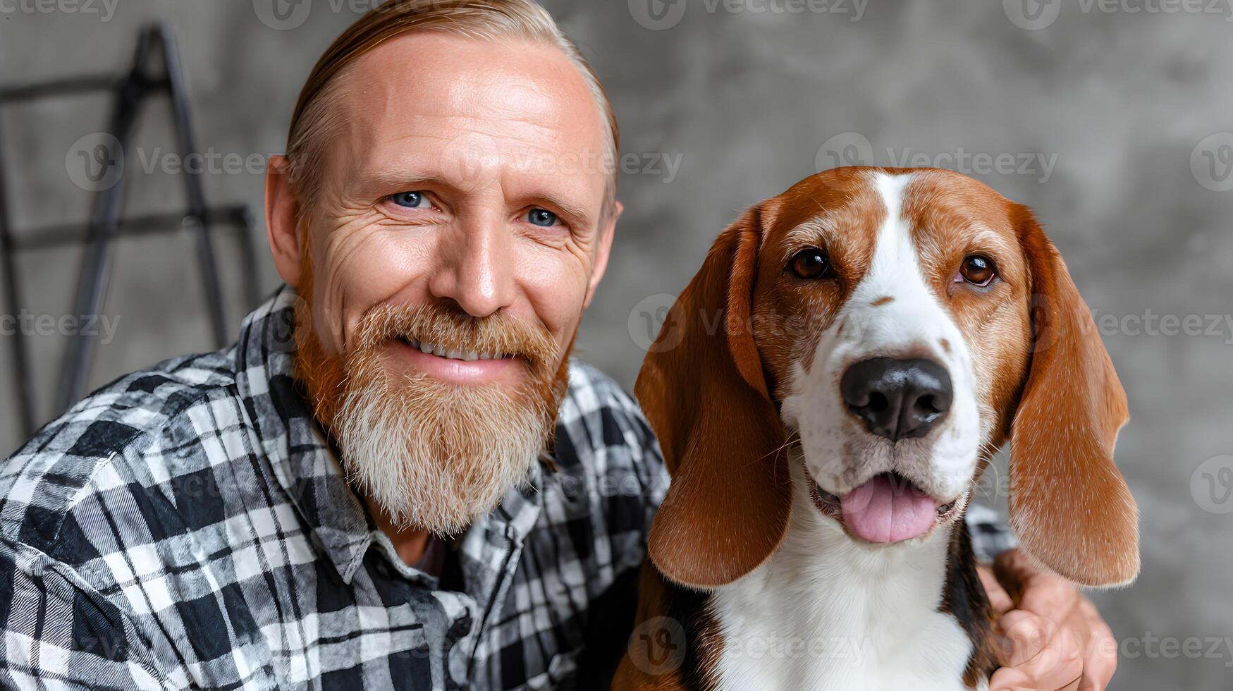 Happy Man with Red Beard and Beagle Dog photo