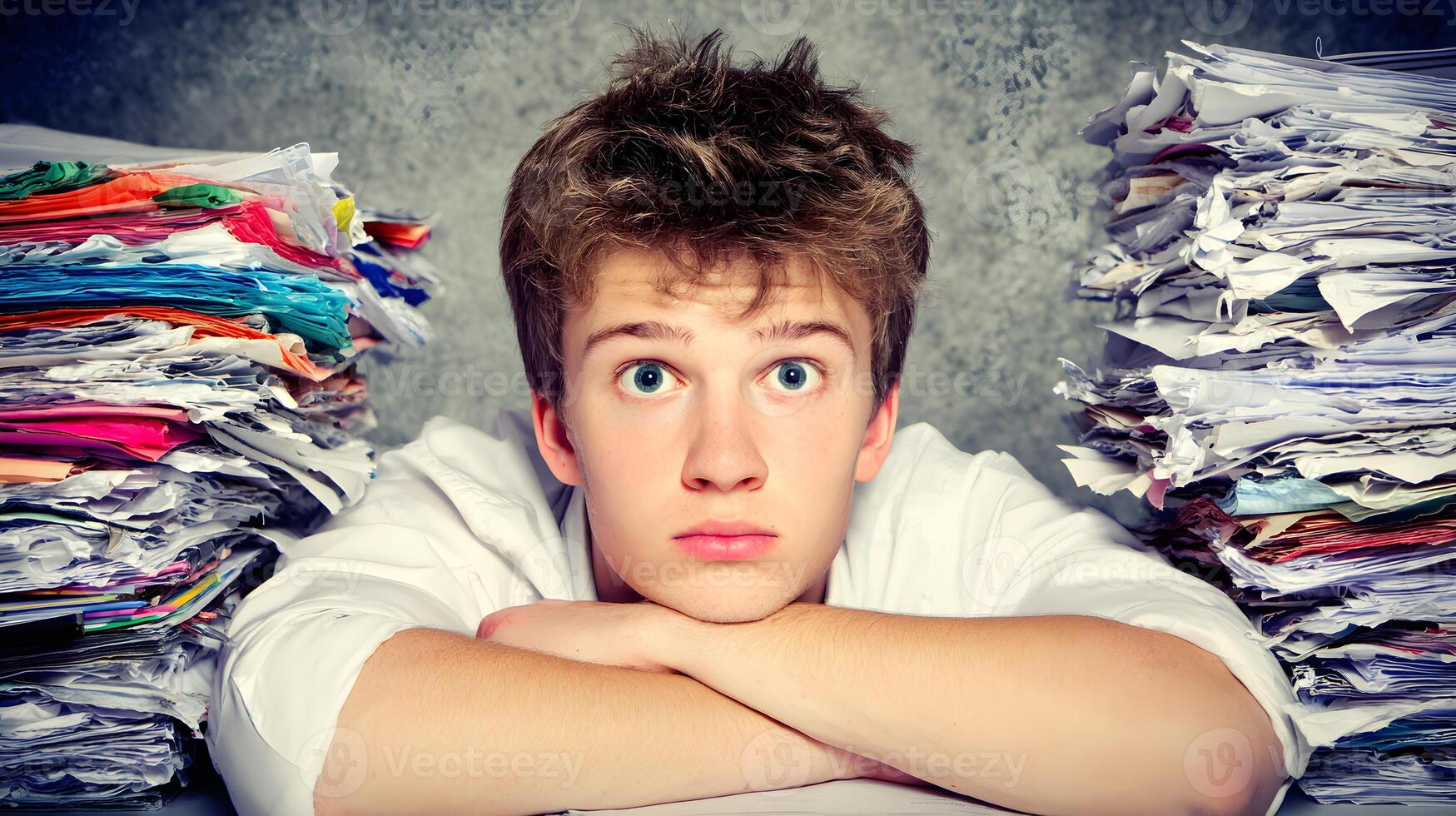 Overwhelmed Young Man Surrounded by Large Stacks of Papers Documents Office Work Stress photo