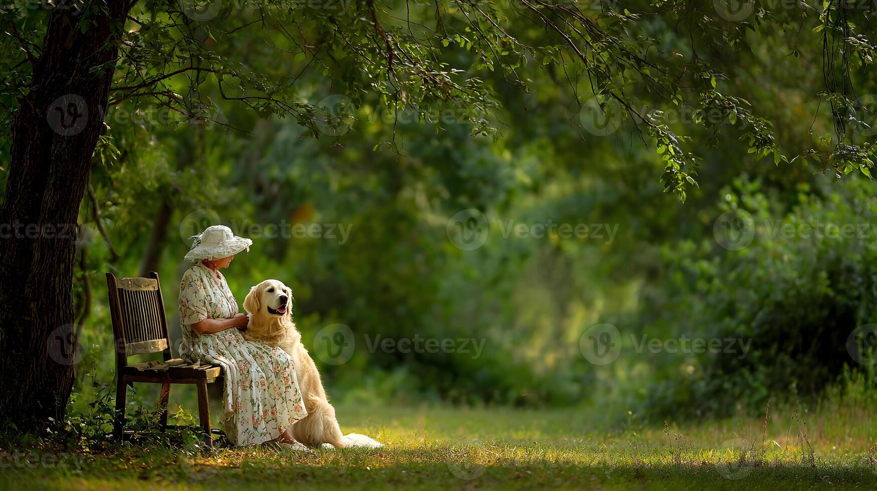 Elderly Woman Sitting on Wooden Bench with Golden Retriever Dog in Sunny Green Park photo
