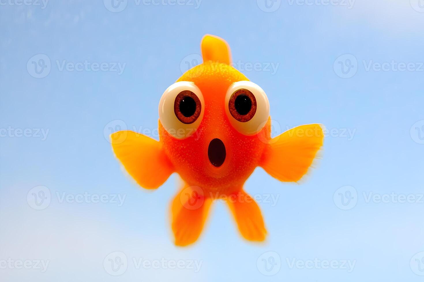 Surprised Cartoon Goldfish Against Blue Sky Background photo