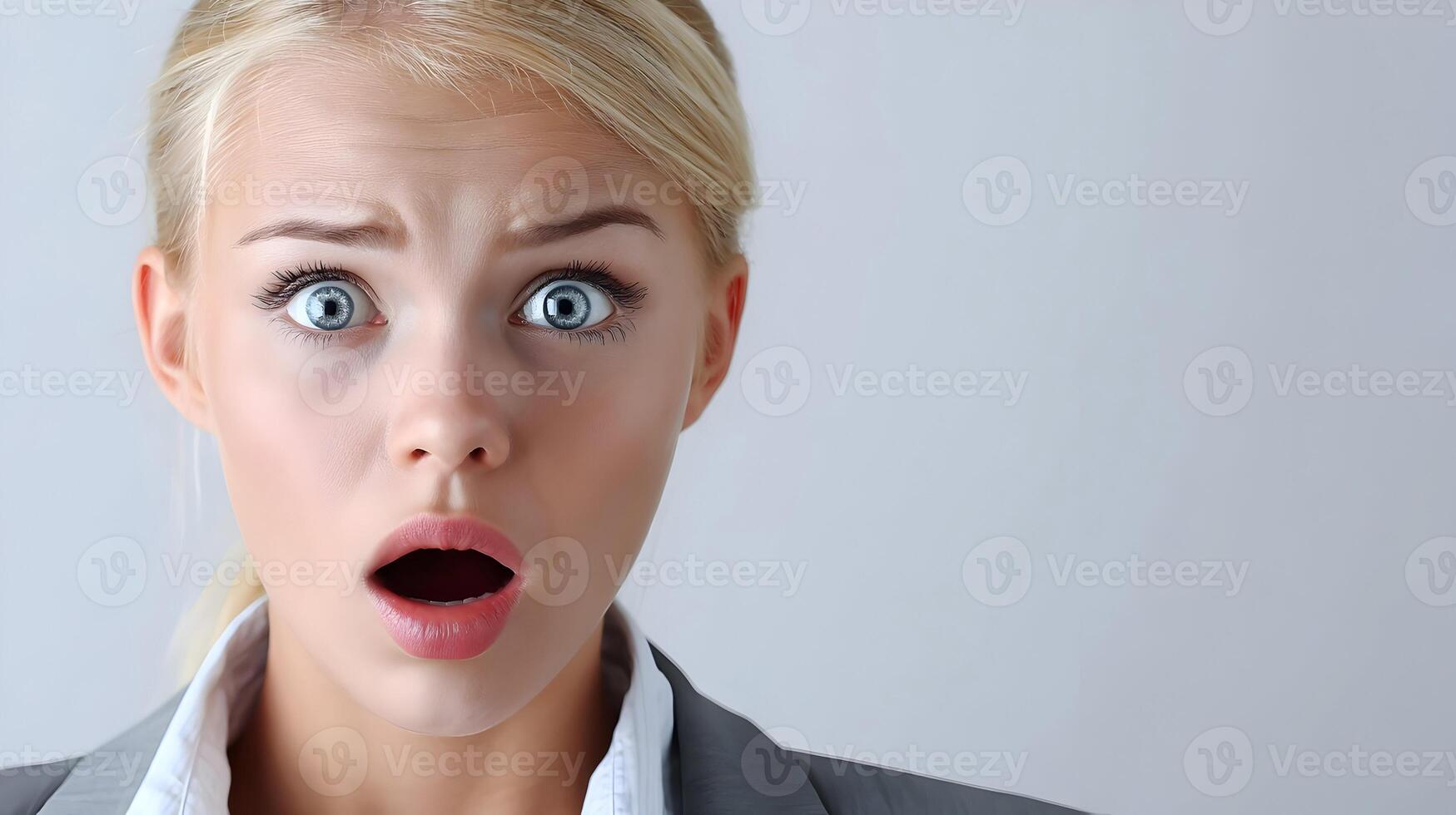 Surprised Young Businesswoman with Blonde Hair and Open Mouth photo
