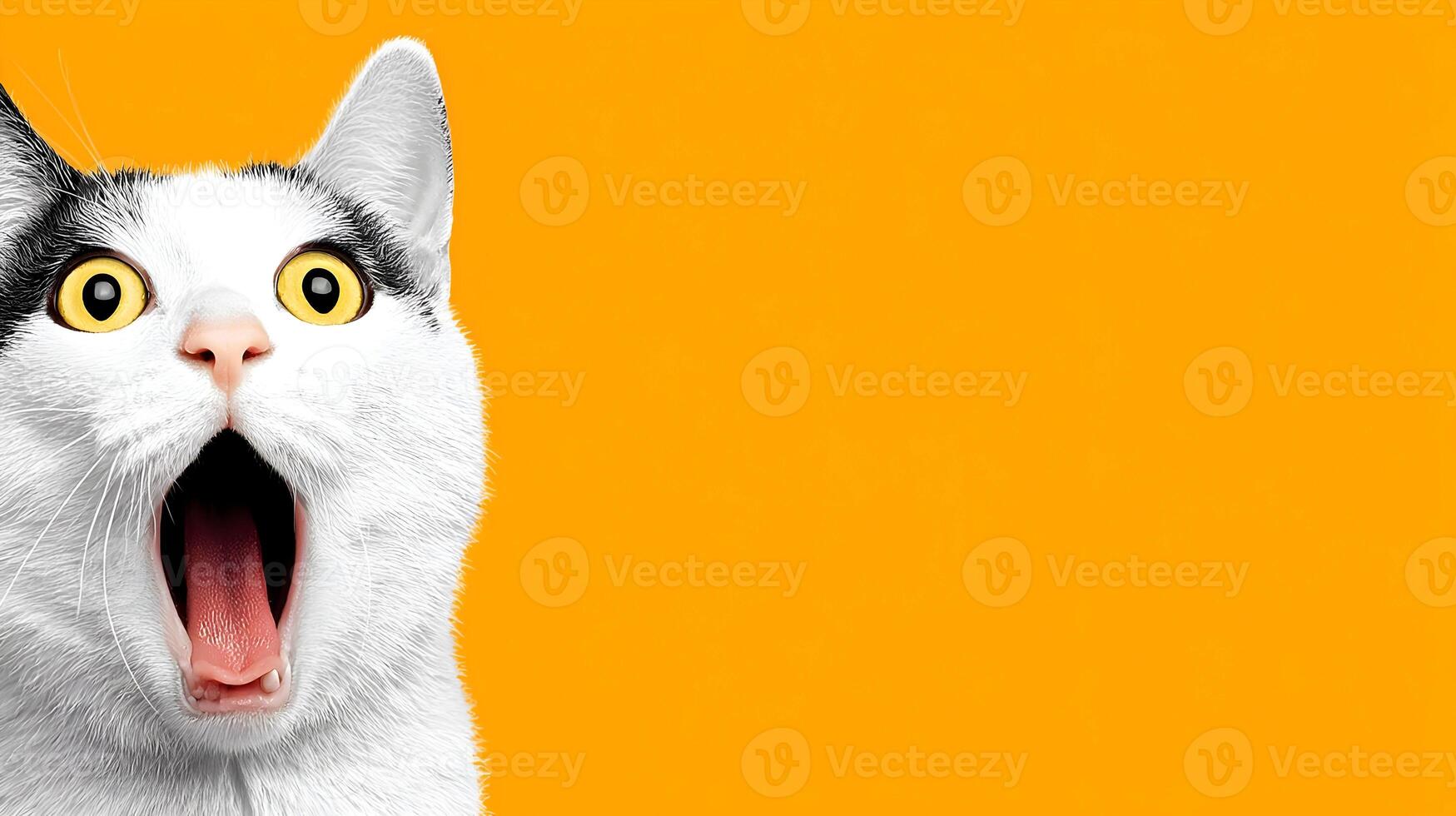 Surprised Cat with Wide Open Mouth on Orange Background Pet Animal Image photo
