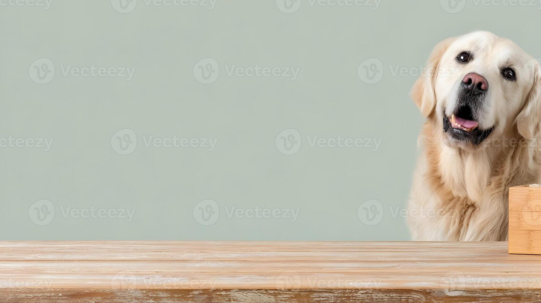 Golden Retriever Dog peeking from behind Wooden Table with Bamboo Box photo