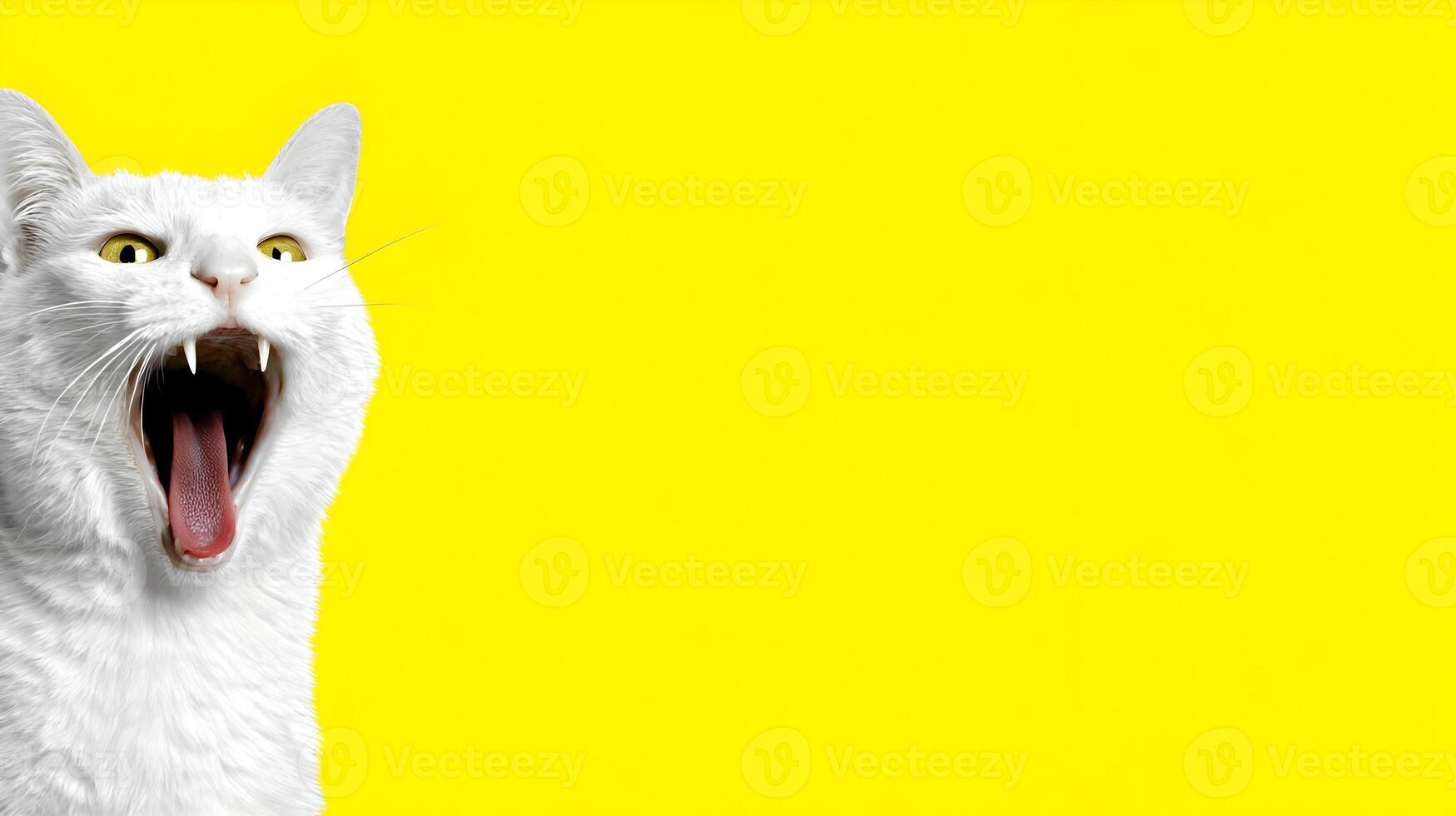 Yawning White Cat on Yellow Background Pet Animal Illustration photo