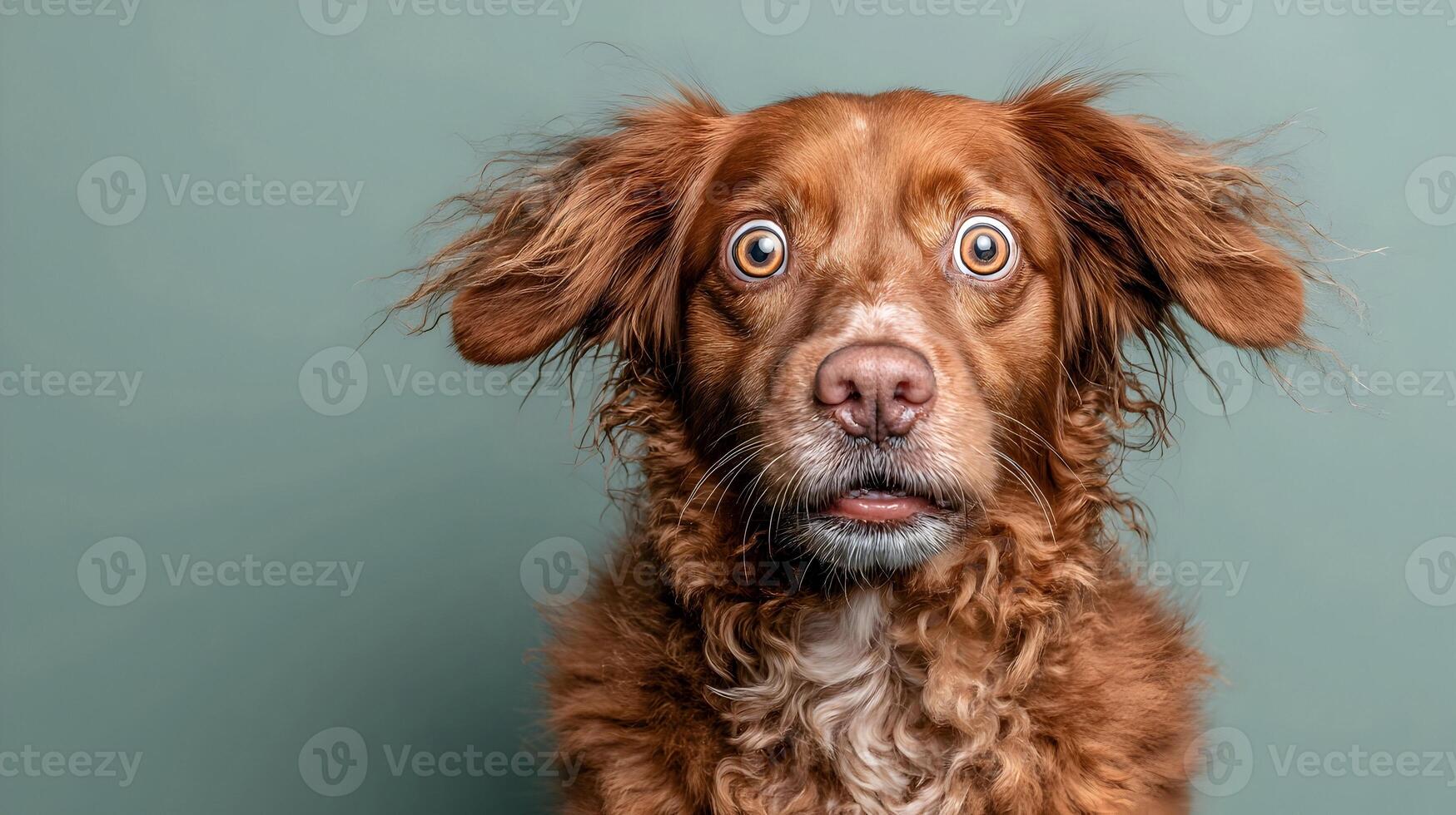 Surprised Red Dog with Wide Eyes Fluffy Fur Studio Shot photo