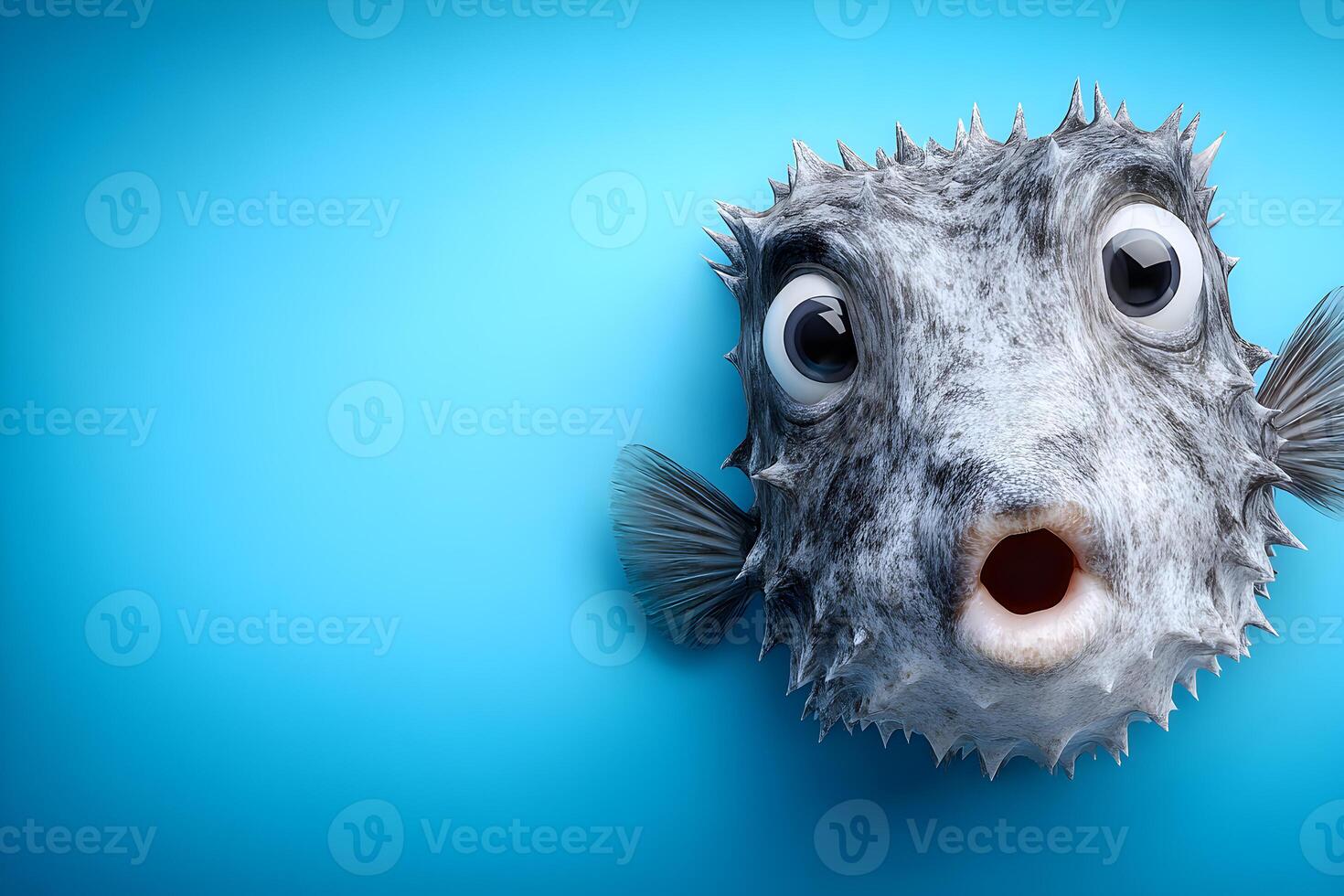 Surprised Cartoon Pufferfish on Blue Background Ocean Animal Illustration photo