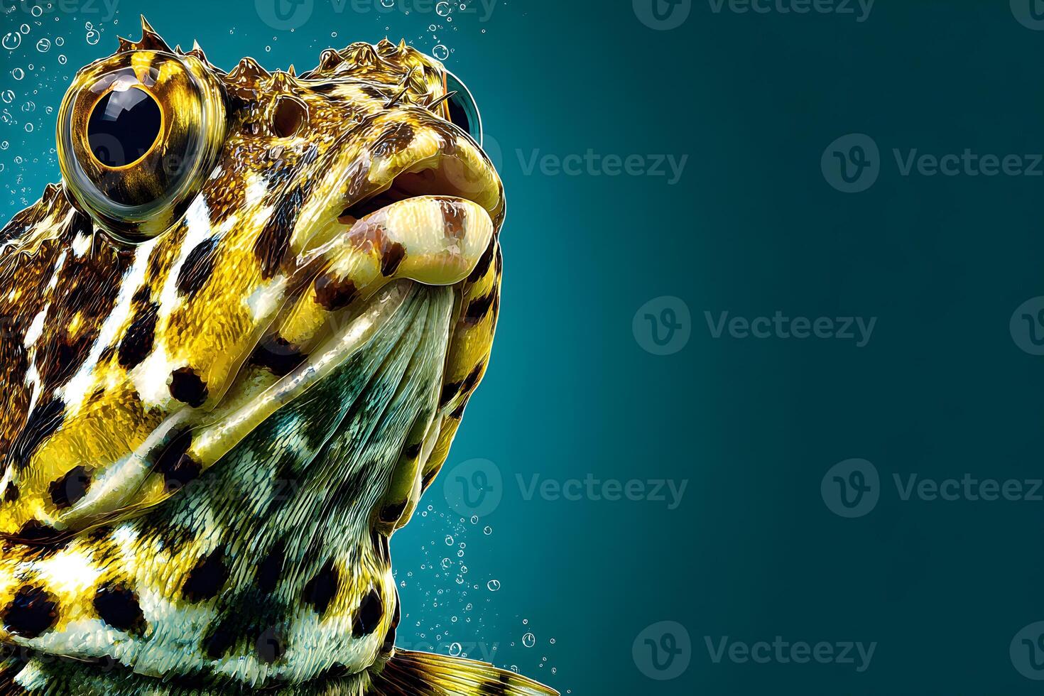 Closeup of a Yellow and Brown Fish with Big Eyes in Teal Water with Bubbles photo