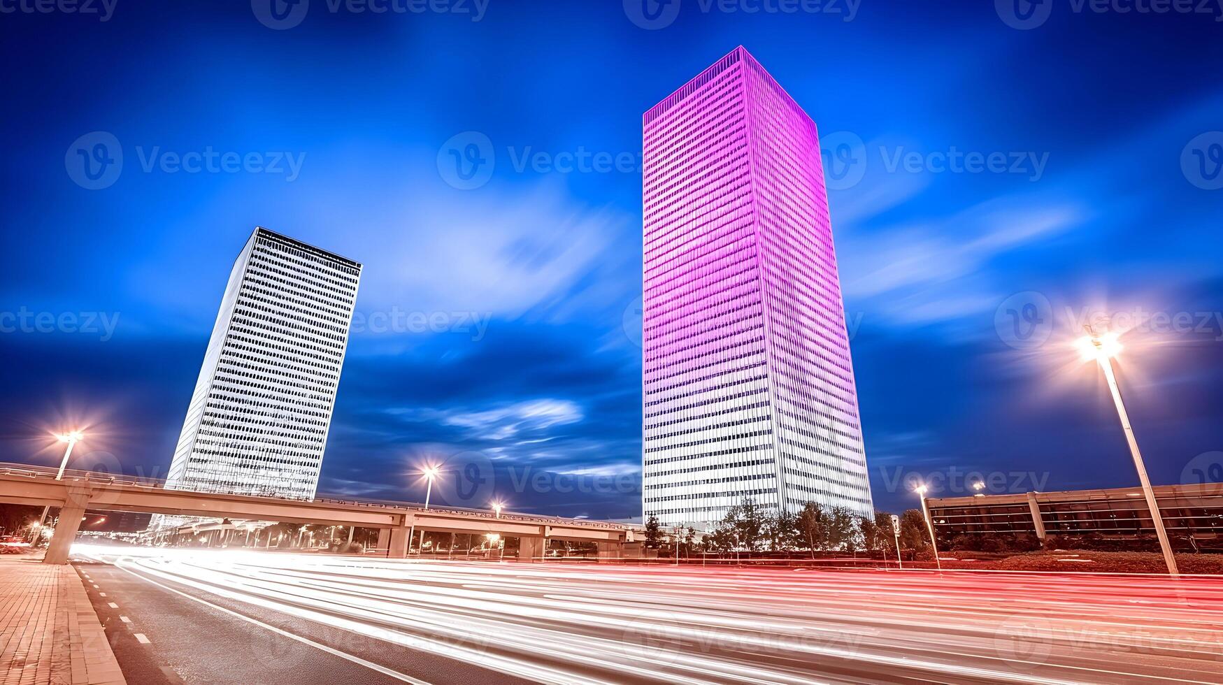 Night Cityscape Two Illuminated Skyscrapers Traffic Light Trails photo