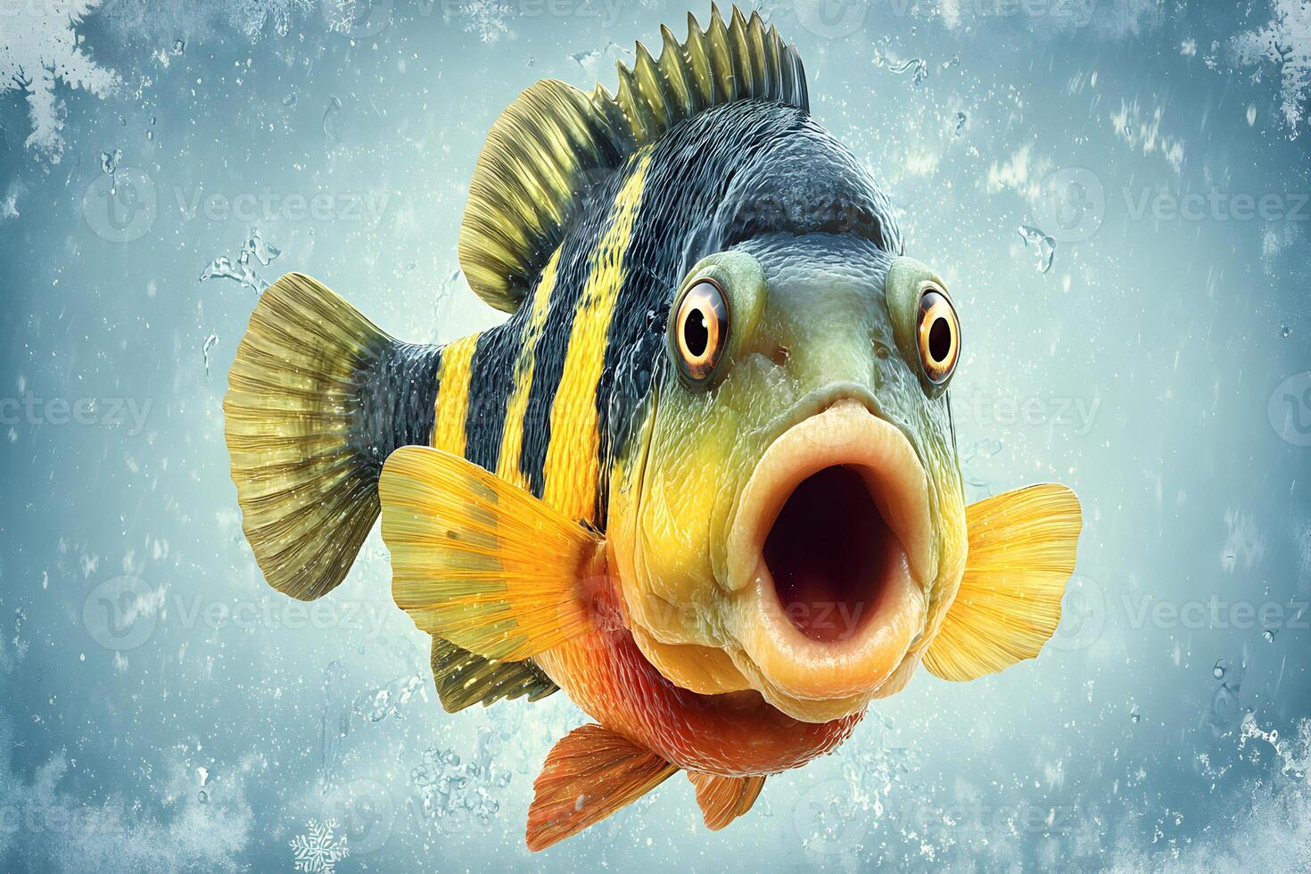 Surprising Yellow And Black Freshwater Fish Underwater Closeup photo